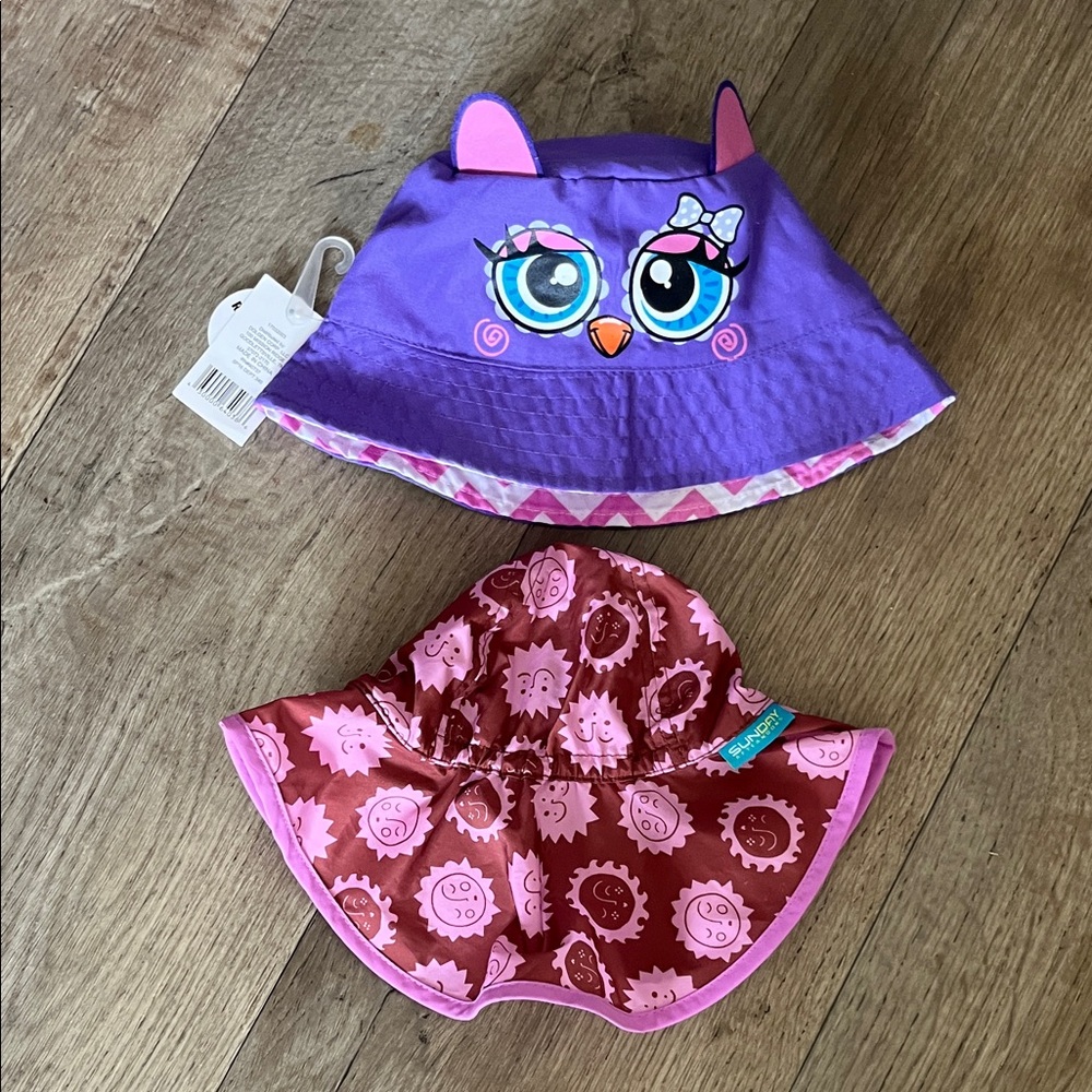 Sun Hats for Kids - Bundle of 2 - Pink with sun faces & purple with Owl Face